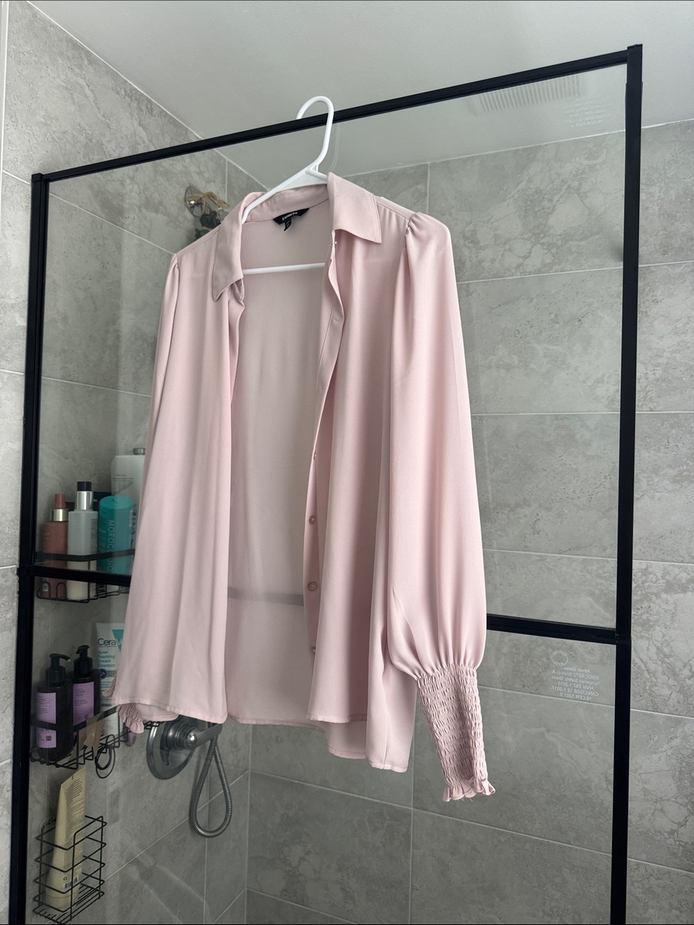 Express Blush Pink Button-Front Blouse with Smocked Cuffs